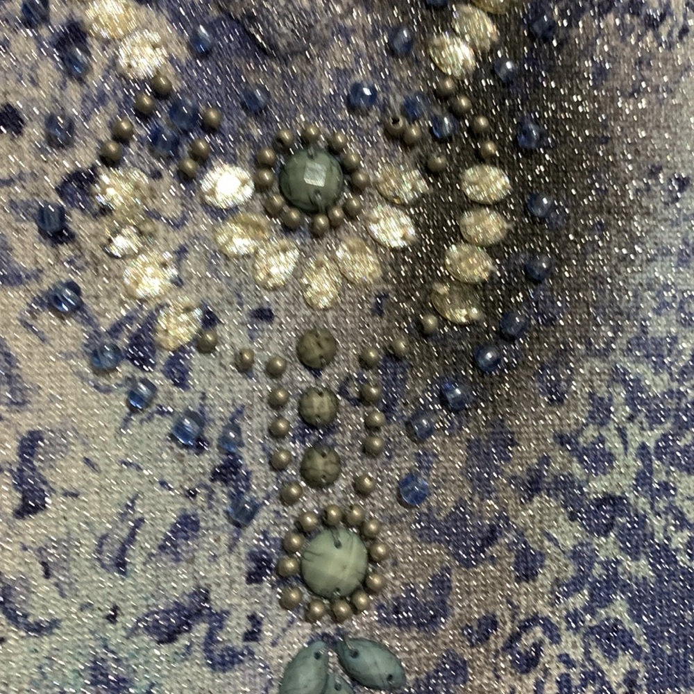 Alfred Dunner Top Blouse M Stretchy Beaded Metallic Pull Over Blue Gray Rayon - Picture 9 of 16